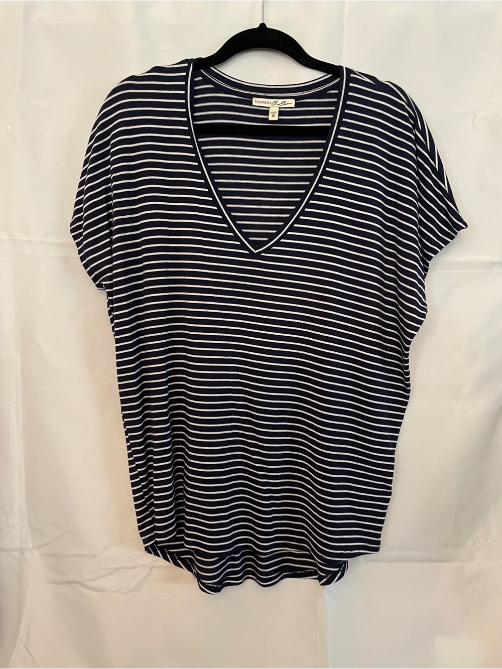 Express Navy and White Striped V-Neck Tee